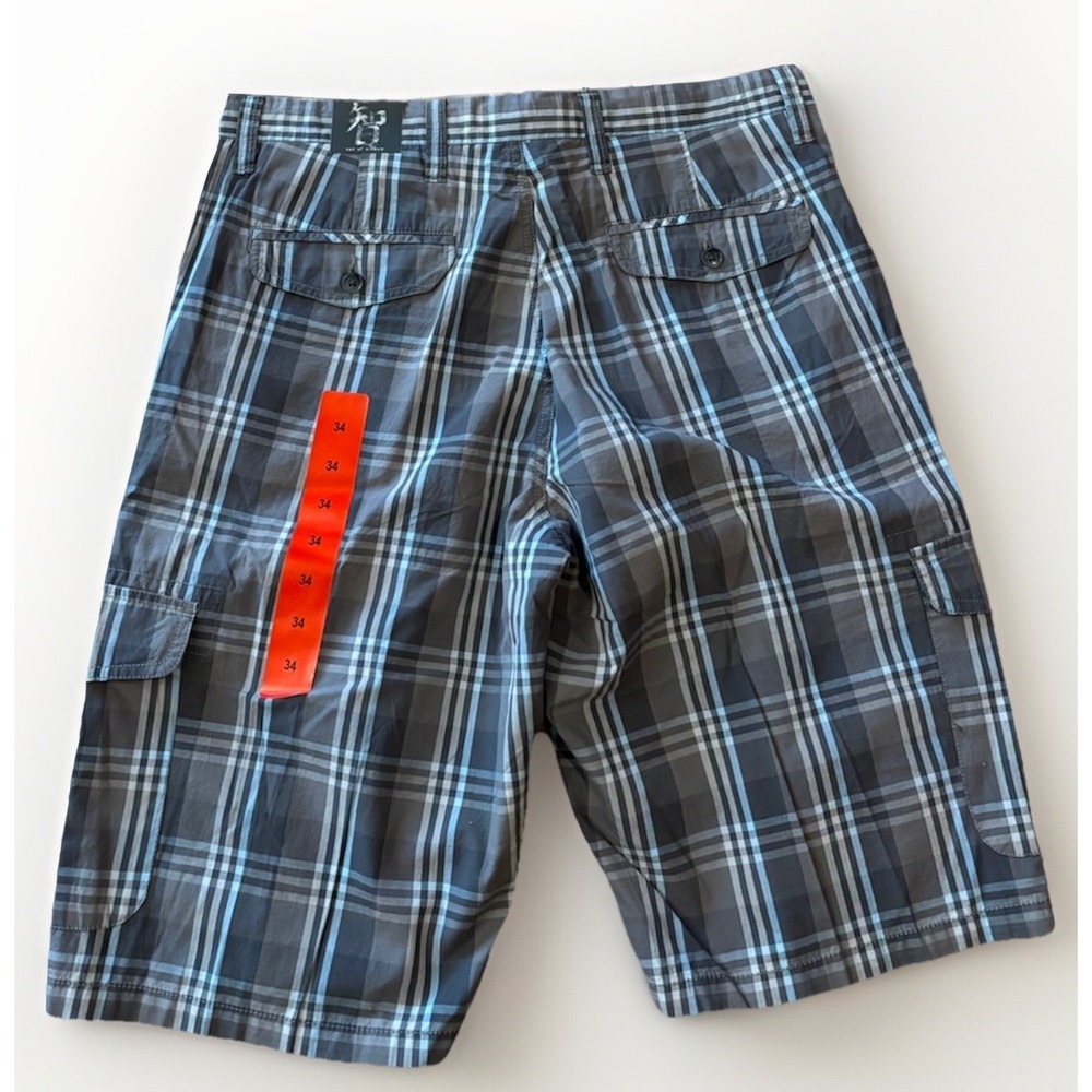 Age of Wisdom Mens Size 34 Grey Blue‎ Plaid Cotton Cargo Shorts Preppy NWT - Picture 2 of 8